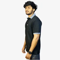 Men's Solid Black Polo T-Shirt with Grey Collar | Premium Cotton Regular Fit
